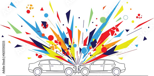 Abstract car crash illustration with vibrant geometric shapes symbolizing impact energy and automotive accident representation featuring modern design aesthetics