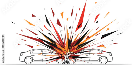 Car crash collision vector illustration for accident insurance or traffic safety awareness and emergency response with vibrant abstract explosion