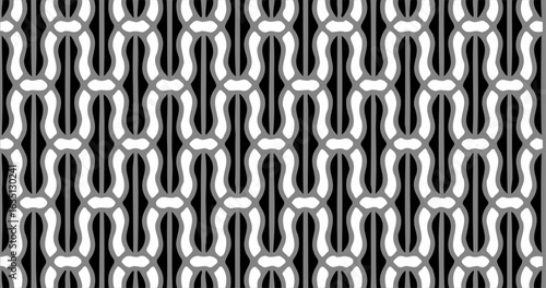 Black and white 3D chain-like pattern with interlocking shapes, perfect for modern and optical illusion themes.