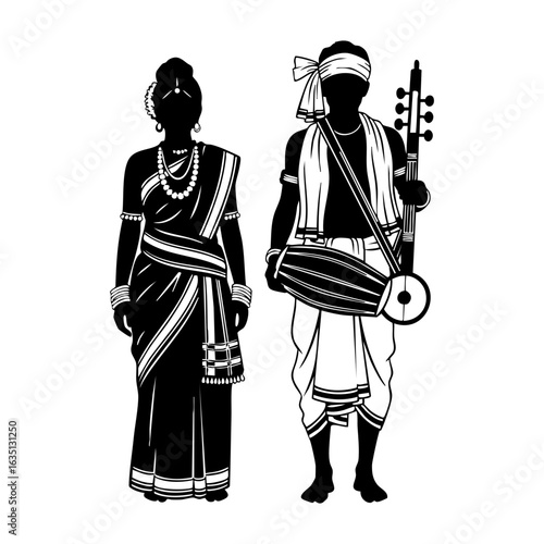 Santhal Tribal Couple Vector - East India Traditional Cultural Attire Logo Design