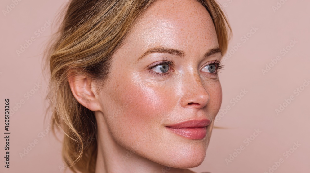 Naklejka premium Soft Blush Cheeks and Subtle Glow Against a Warm Neutral Background With Right Side Open for Natural Light