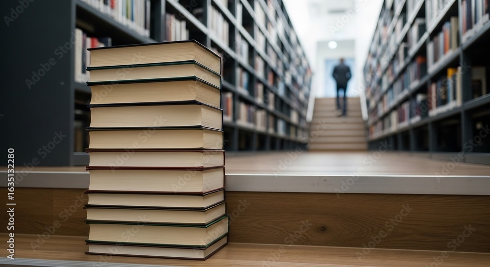 Obraz premium Knowledge Ascends: Stacked Books in Focus, Blurred Figure on Library Stairs Amidst Endless Shelves