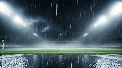 Empty Football Stadium Under Heavy Rain and Floodlights.