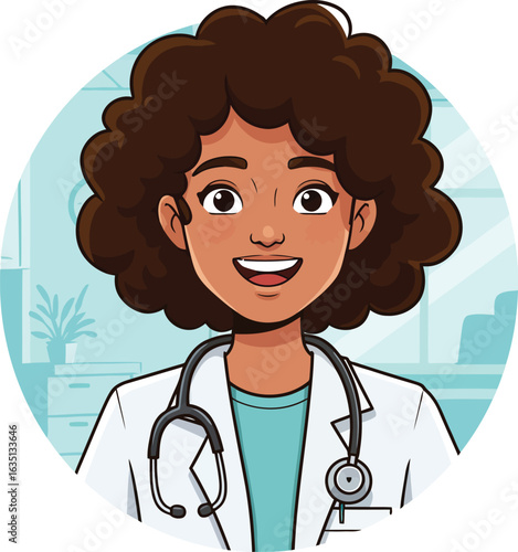 Friendly female doctor with stethoscope, smiling warmly in a bright clinic setting, conveying health and care