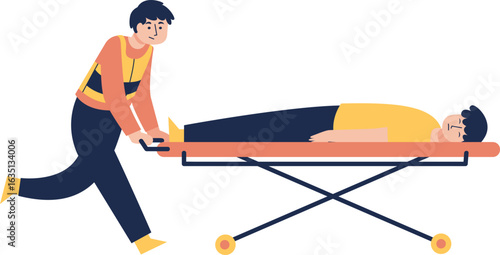 An emergency worker quickly pushes a patient lying on a wheeled stretcher.