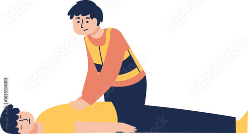 A man performs first aid chest compressions on an unconscious person lying on the floor.
