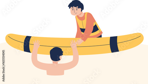 Two young men with a yellow kayak, one in the water helping the other who is wearing a life vest.