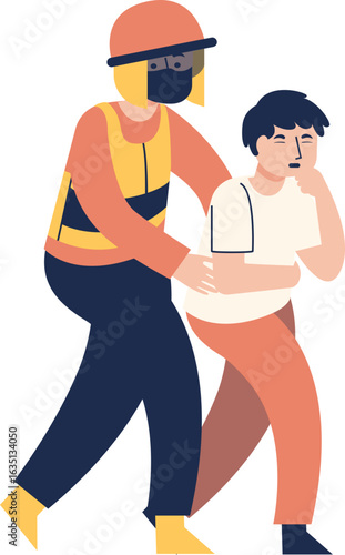 A rescuer in protective gear assists an unwell person, offering support and guidance during a difficult moment.
