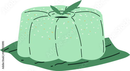 A light green fluted jelly dessert with speckles, garnished with leaves and served on a banana leaf.