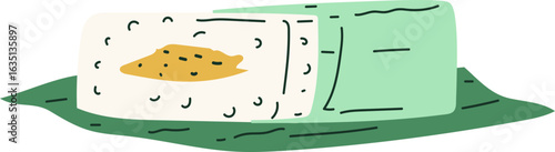 A stylized illustration of a sushi roll presented on a green leaf-like plate.