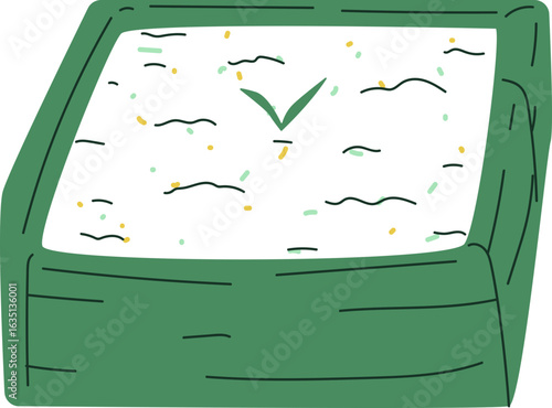 A sprouting seedling in a green rectangular planter box.