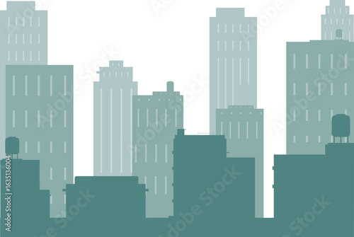 Silhouette of a city skyline with various tall buildings and water towers against a white background.