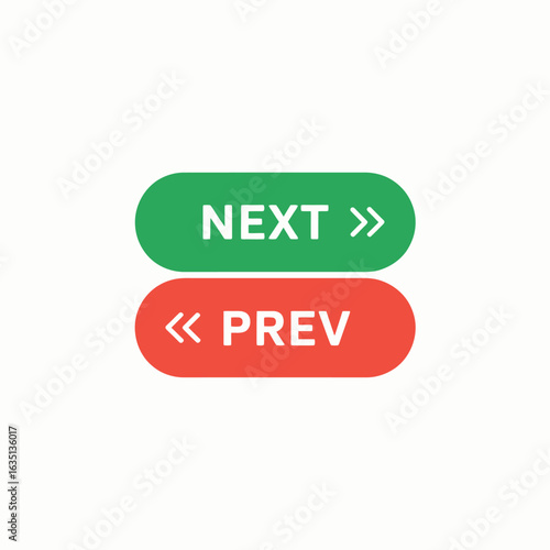 Green next button and red previous button isolated on white background