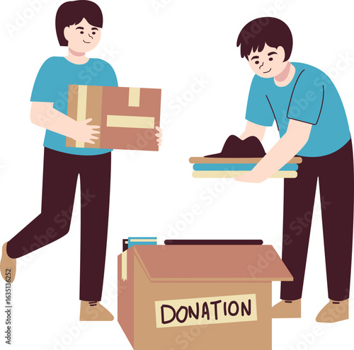 Two young men are actively participating in a donation drive, sorting and packing items into a designated "Donation" box.