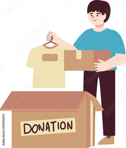A young person donating clothes, placing a shirt into a donation box.