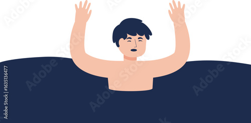 A distressed man with dark hair is drowning in deep blue water, raising his hands for help.