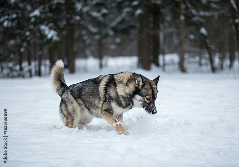 Naklejka premium Playful Husky Dog Playing in a Snowy Forest. Generative Ai