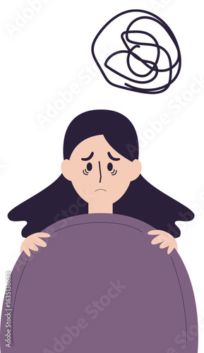 Anxious woman with dark hair peeks over a purple surface, a scribble symbolizing her stress.