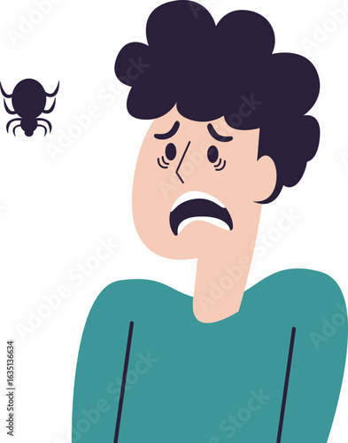 A cartoon man with an anxious expression is frightened by a small black tick.