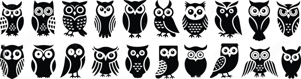 Fototapeta premium Stylized owl illustration set, black white graphic, unique eye shapes, decorative body patterns, artistic bird design, vector animal art collection