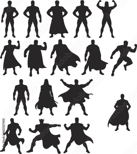 Superhero silhouette set, dynamic action poses, standing jumping running, cape movement, flexing muscles, black vector graphic, heroic character design