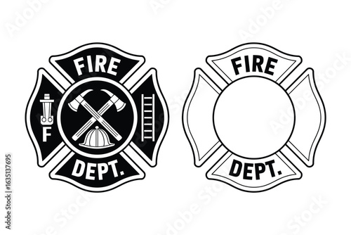 Two maltese cross fire department emblems one detailed one blank