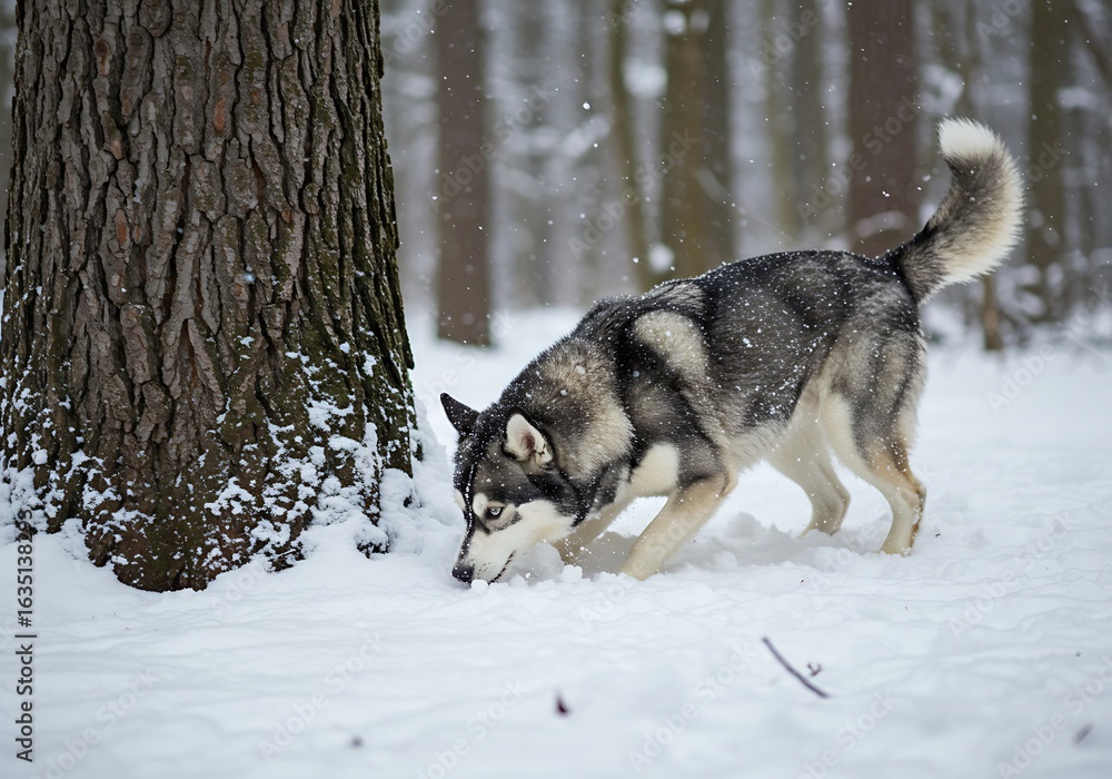 Naklejka premium Playful Husky Dog in a Snowy Forest. Generative Ai