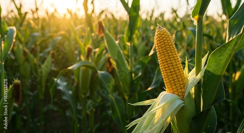 Golden sunlight illuminates a vibrant ear of corn in a lush, green field during sunset.