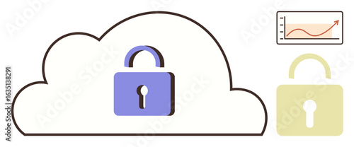 Cloud outline with locks representing security. A growth chart signifies data analytics. Ideal for technology, cybersecurity, cloud computing, data protection, privacy, analytics, online safety