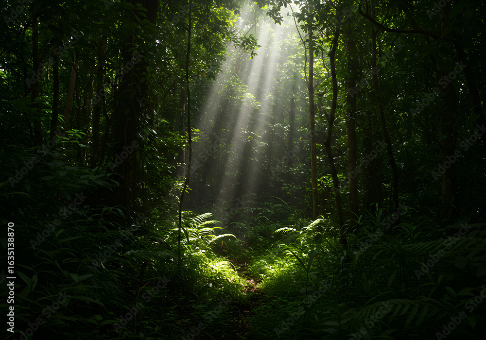 Fototapeta premium Sunlight streams through a dense, lush forest, illuminating the undergrowth and trees.