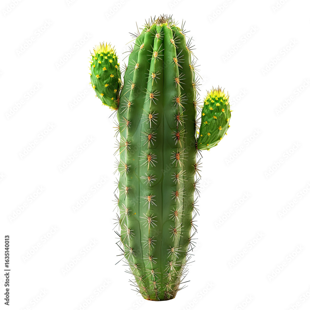 Naklejka premium Vertical cactus, vibrant green, spiky, small yellow buds