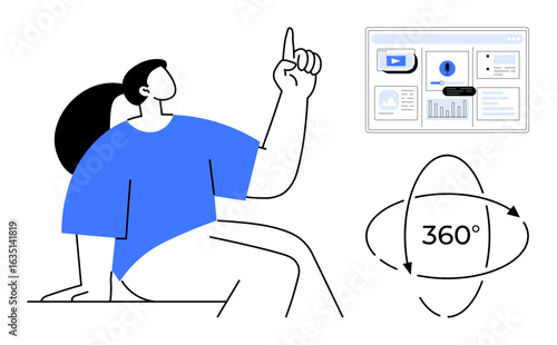 Focused woman interacts with a 360 interface displaying analytics, videos, and data charts. Ideal for technology, innovation, analytics, education, interaction presentation virtual tools. Simple