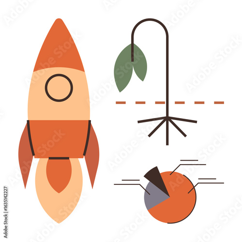 Rocket blasting upward, wilting plant with severed stem, and segmented pie chart. Ideal for growth, innovation, failure, strategy, sustainability progress and analysis. Simple flat metaphor