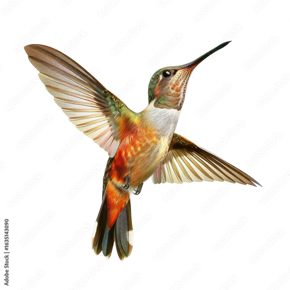 Fototapeta premium A vibrant hummingbird in flight, showcasing a mix of warm colors. Feathers are detailed and wings are outstretched. Image is isolated against a black background