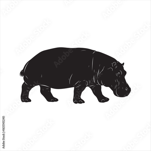 Black hippopotamus walking on a white background animal wildlife