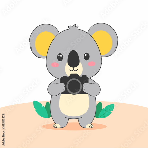 A cute cartoon koala bear holding a camera, standing in front of green leaves on a light background.