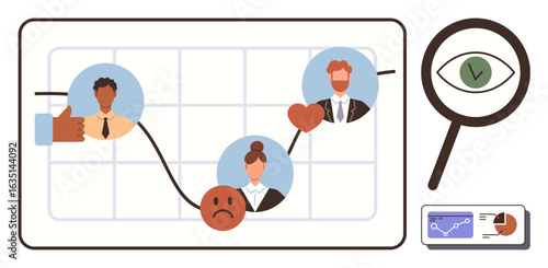 Graph depicting fluctuating performance trends with emotions, user icons, magnifying glass, analytics dashboard. Ideal for business analysis, customer feedback, emotion tracking, performance metrics