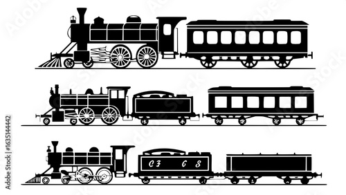 "Illustrate a collection of silhouette trains – various types of steam locomotives and passenger cars – all in a simple, 2D flat side view. Use a dark gray palette on a white background with consisten