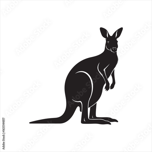 Black silhouette of a kangaroo standing on a white background animal