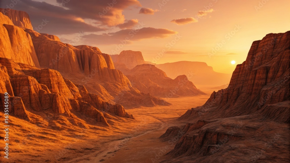 Naklejka premium Stunning desert landscape at sunset with golden glow and rugged mountains creating a sense of adventure