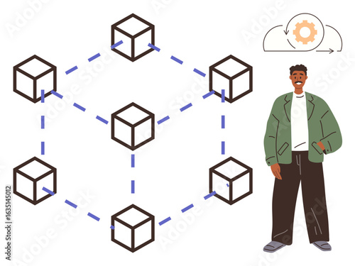 Interconnected 3D cubes forming a blockchain network, a person standing confidently, and a cloud gear icon representing system automation. Ideal for blockchain, networking, automation, digital