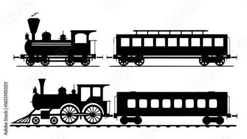 "Create a visual catalog of 12 basic train side profiles, including steam engines and passenger cars, all depicted as flat dark gray silhouettes against a pure white background in a clean, evenly spac