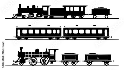 "Create a visual catalog of 12 basic train side profiles, including steam engines and passenger cars, all depicted as flat dark gray silhouettes against a pure white background in a clean, evenly spac