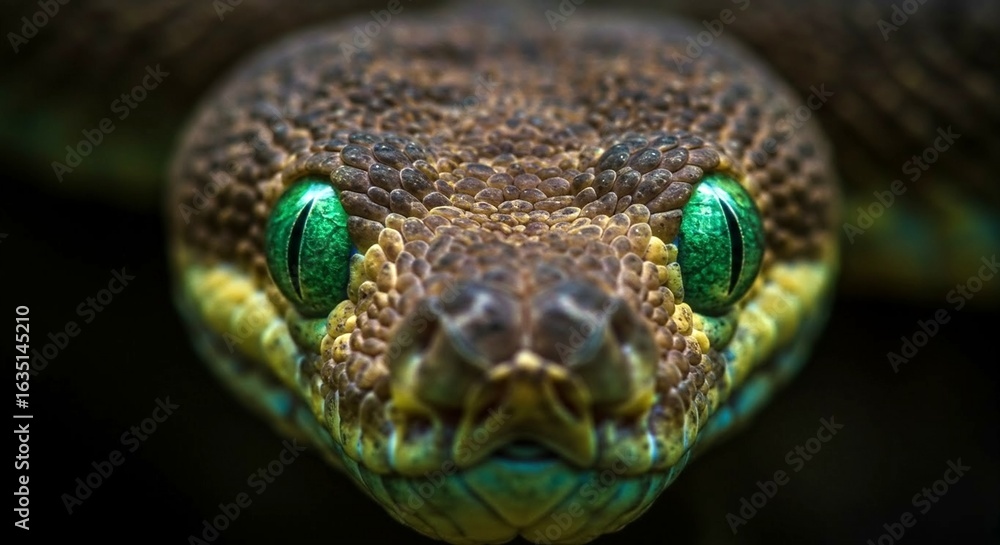 Fototapeta premium Close-up of a snake with vibrant green eyes.