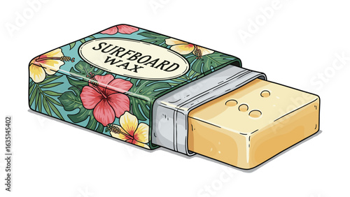 Tropical Surfboard Wax Illustration with Hibiscus Flowers and Palm Leaves for Summer Beach Vibes