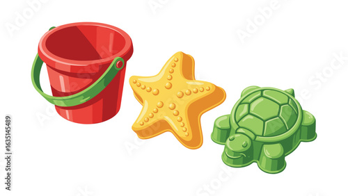 Playful beach toys including bucket starfish and turtle for summer fun illustrations