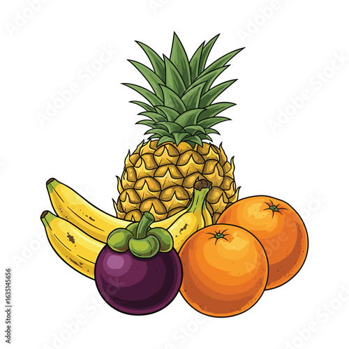 Tropical Fruit Still Life: Pineapple, Bananas, Oranges, and Mangosteen Vector Illustration