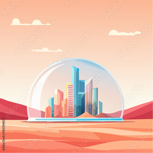 Futuristic city with modern skyscrapers enclosed within a protective glass dome, set against a barren desert landscape.