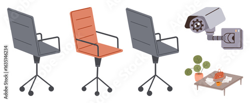 Three office chairs, wall-mounted security camera, small desk with potted plant, documents, workspace items. Ideal for office settings, security, teamwork, organization modern workplace