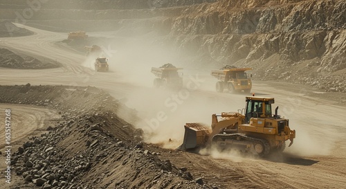 Heavy Duty Construction Equipment in Action: Bulldozer and Dump Trucks Operating in a Large Quarry, Creating Dust Clouds and Moving Large Amounts of Earth and Rock. A Stunning Image Showcasing Indu...